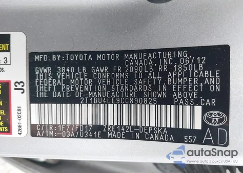 2012 Toyota Corolla S from USA, damaged, VIN 2T1BU4EE9CC890825